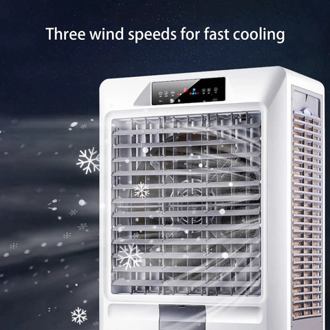 Sweat Proof Chill Premium Portable Evaporative Air Cooler With Three Speed Settings And Built In Digital Timer Includes Reusable Ice Packs For Instant Beast Mode Windowless Cooling Inside Any Room Or Office Setup, showcasing three wind speeds.