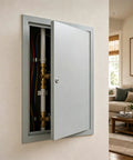 Heavy Duty Aluminum Access Panel For Drywall With Key Lock showing interior plumbing valves and pipes in a home setting.