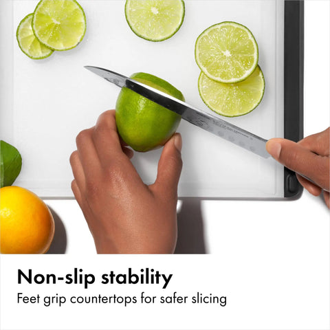 Cutting lime on a non-porous board from Two Piece Cutting Board Set For Kitchen Prep With One Small Prep Board And One Large Everyday Board