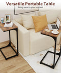 C Shaped End Table for Couch and Small Spaces, Under Sofa Side Table That Slides, TV Tray and Bedside Console, Brown Finish