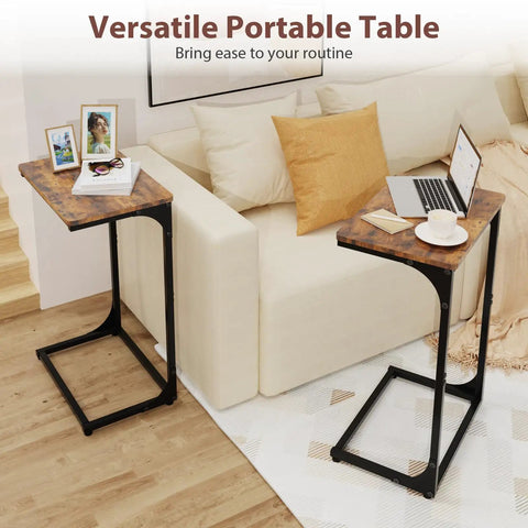 C Shaped End Table for Couch and Small Spaces, Under Sofa Side Table That Slides, TV Tray and Bedside Console, Brown Finish