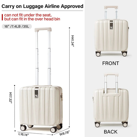 Underseat Carry On Luggage With Wheels 16 Inch Hard Shell Weekender Suitcase Travel Approved Lightweight Ivory White, front and back view
