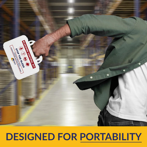 Side view of MFASCO Stop The Bleed 10-piece bleeding-control kit in a white plastic case