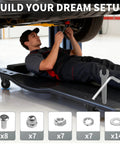 Mechanic using a creeper with Set Of 6 Heavy-Duty 2.5 Inch Caster Wheels With Rubber Tires, 360 Degree Swivel, quiet rolling.