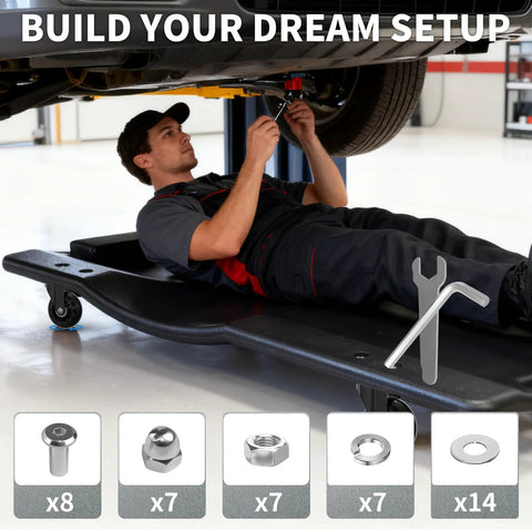 Mechanic using a creeper with Set Of 6 Heavy-Duty 2.5 Inch Caster Wheels With Rubber Tires, 360 Degree Swivel, quiet rolling.