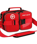 Front view: Crmea 516-piece red first aid kit with double-pocket case, MOLLE strap and carry handle.