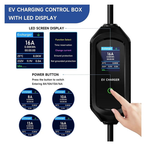 Grab And Go Portable 3.5KW 16A Type 1 SAE J1772 EVSE Fast Charging Cable control box with LED display and power button.