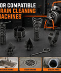 Rock Solid C11 Type Drain Auger Kit With Serrated Cutter Head And Sturdy 32 Mm Sectional Cable For Clearing Stubborn Kitchen Sink Clogs And Tub Blockages, various drain cleaning attachments on a work surface.