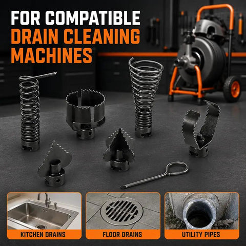 Badass Seven Piece Drain Snake Auger Replacement Parts Heavy Duty Spiral Cutters for various drain cleaning machines.