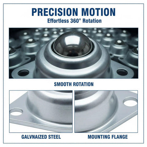 Close-up of 20 Pcs Carbon Steel Ball Transfer Units Set Screw Mounted Roller Ball Bearings highlighting smooth rotation feature.