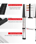 Close-up of 12.5 Foot Telescoping Ladder With One Button Retraction Aluminum Extendable Ladder Lightweight And Easy Fold Soft Close Design showing shatter-proof bumping and anti-skid features.