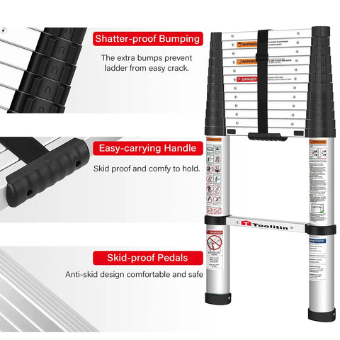 Close-up of 12.5 Foot Telescoping Ladder With One Button Retraction Aluminum Extendable Ladder Lightweight And Easy Fold Soft Close Design showing shatter-proof bumping and anti-skid features.