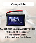 2 Pack 3.7V 150mAh 20C LiPo Battery With USB Cable For JJRC H8 Mini U207 X2 H2 RC Drones That Fit Long Flight Time Safe Charging