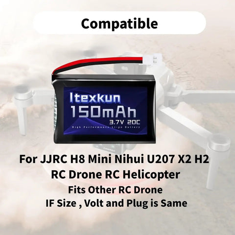 2 Pack 3.7V 150mAh 20C LiPo Battery With USB Cable For JJRC H8 Mini U207 X2 H2 RC Drones That Fit Long Flight Time Safe Charging