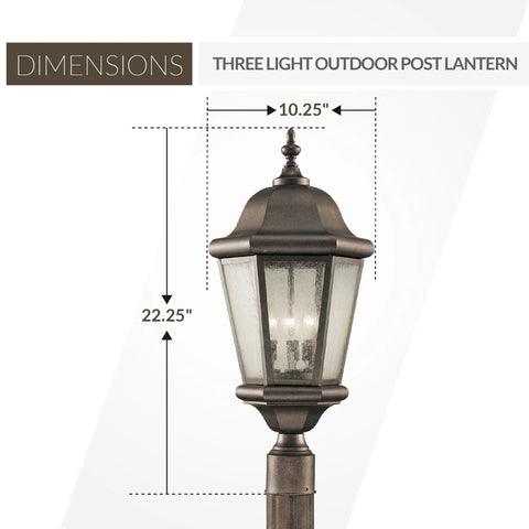Martinsville Outdoor Post Lantern 3 Light Bronze Stainless Steel Construction Dope Post Light, 22.25H x 10.25W dimensions