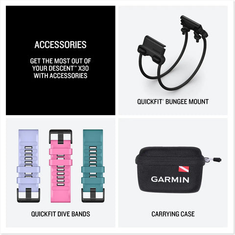 Descent X30 Dive Computer accessories with bungee mount, quickfit dive bands, and carrying case.