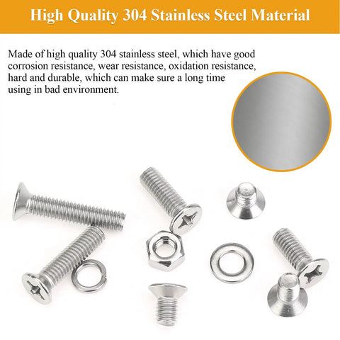 150 Piece M6 Countersunk Phillips Machine Screws Nuts Washers Set For 304 Stainless Steel Fully Threaded Assortment Kit M6 X 8/10/12/16/20/25/30mm Home DIY Projects And Quick Fixes. Close-up of screws, nuts, and washers showing 304 stainless steel material.
