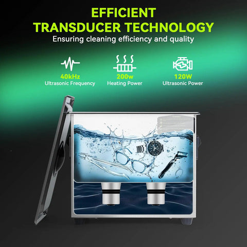 No Fuss One Touch Ultrasonic Cleaner With Heating Feature And Deep Clean Cycle A 3L Tank Eco Savvy Wash Unit showing water and tools inside.