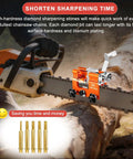 Chainsaw Sharpener Jig With 5 Titanium Plated Diamond Bits And Carry Bag Hand Crank Portable Sharpening Kit attached to chainsaw