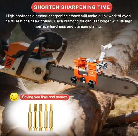 Chainsaw Sharpener Jig With 5 Titanium Plated Diamond Bits And Carry Bag Hand Crank Portable Sharpening Kit attached to chainsaw