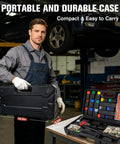 Mechanic displaying 16 Inch Rivet Nut Gun Kit with 15 SAE and Metric Mandrel Sizes case in auto repair shop