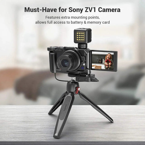 Formfitting Camera Cage For Sony ZV-1 II ZV-1F ZV-1 With Silicone Gel Grip And Cold Shoe Mount on tripod with side screen open