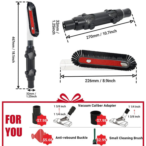 Must Have Universal Vacuum Brush Attachment With 2 In 1 Multi Angle Dusting Tool Soft Flexible Crevice Tool For Delicate Surfaces 180 Degree Locking Lets You Clean Ceilings Fans Vents Furniture Without Strain with size details and additional tools