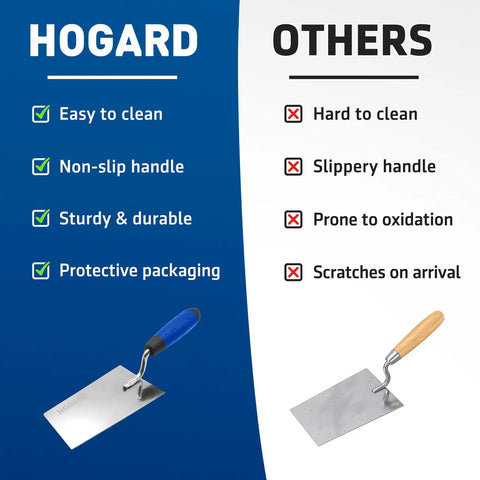 Comparison chart showing 7 Inch Stainless Steel Margin Trowel With Soft Grip Handle next to competitor trowel, highlighting features.