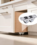 Four Pack Mini Rigid Caster Wheels Double Row Steel Brackets With Brown Polyurethane Treads installed under wooden drawer.