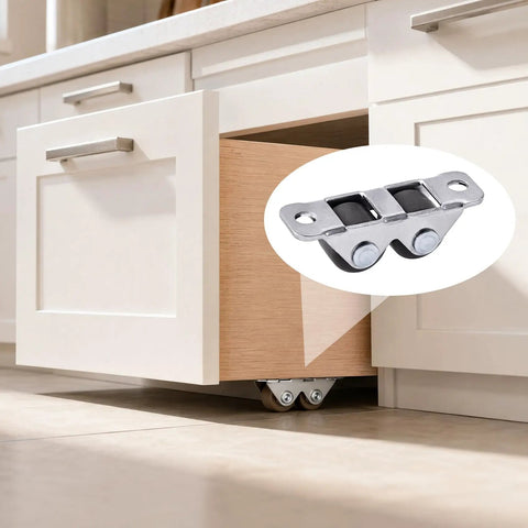 Four Pack Mini Rigid Caster Wheels Double Row Steel Brackets With Brown Polyurethane Treads installed under wooden drawer.
