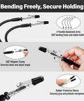 Helping Hands Soldering Station With Four Flexible Arms And Clamps showing 360° rotation and rubber sleeves in use