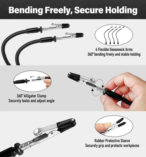 Helping Hands Soldering Station With Four Flexible Arms And Clamps showing 360° rotation and rubber sleeves in use