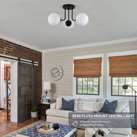 Living room featuring Three Light Mid Century Matte Black Semi Flush Ceiling Light With Opal Milk Glass Globes, LEDs Included, 110-240V E26.