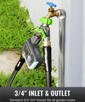 RainPoint 2-way garden hose splitter with shutoffs; metal body, green handles, installed on outdoor faucet