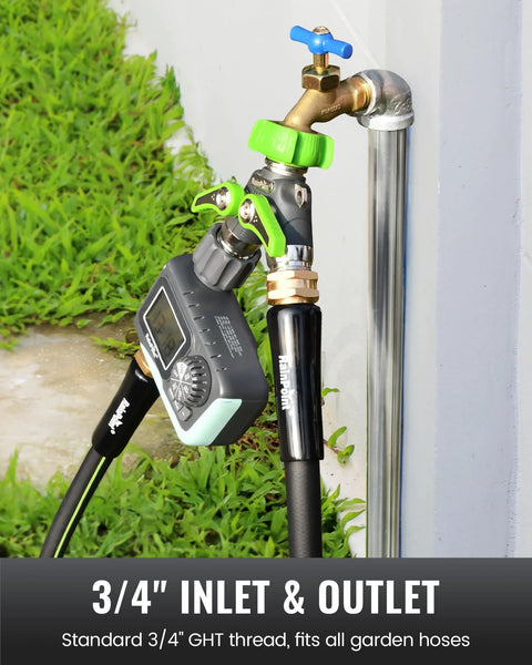RainPoint 2-way garden hose splitter with shutoffs; metal body, green handles, installed on outdoor faucet