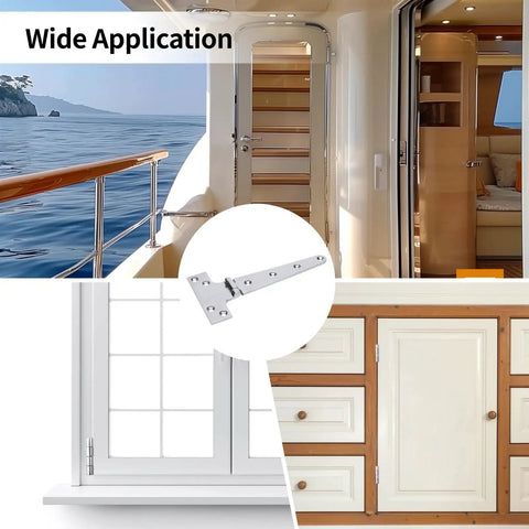 Heavy Duty 8 Inch T Hinges 2 Pack Stainless Steel Marine Grade Door Hinges shown on boat door, cabinet, and window