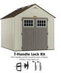 Ultimate Shed Door Latch and Lock Kit with Heavy-Duty 5-1/2 Inch Stem T-Handle, shown with a shed and lock components.