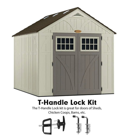 Ultimate Shed Door Latch and Lock Kit with Heavy-Duty 5-1/2 Inch Stem T-Handle, shown with a shed and lock components.