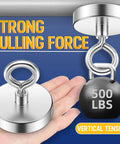 Front view: Fishing magnet with eye bolt, 2.36-inch diameter, 500 lb pull strength, silver metal