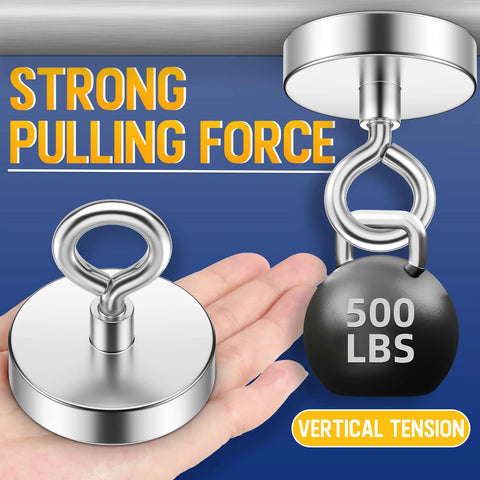Front view: Fishing magnet with eye bolt, 2.36-inch diameter, 500 lb pull strength, silver metal