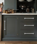 Brushed Satin Nickel Cabinet Pulls 20 Pack 3-3/4 Inch Hole Centers Straight Bar Handles installed on kitchen cabinets