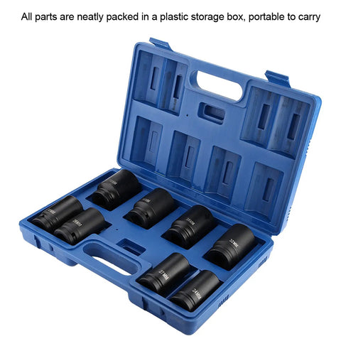 Beefy Deep Impact Socket Set 8 Piece 3 4 Inch Drive Steel Construction 24mm To 38mm in blue storage box for auto repair