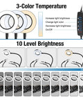 Three LED rings show 3-color temperature settings, with remote control displaying brightness options and circuit board below.