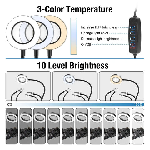Three LED rings show 3-color temperature settings, with remote control displaying brightness options and circuit board below.