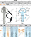 Hardcore Marine Grade Stainless Steel Ball Lock Pin Quick Release Tool with zero slack indexing 9/16 inch diameter and 2 inch length diagram.