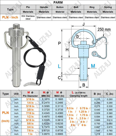 Hardcore Marine Grade Stainless Steel Ball Lock Pin Quick Release Tool with zero slack indexing 9/16 inch diameter and 2 inch length diagram.