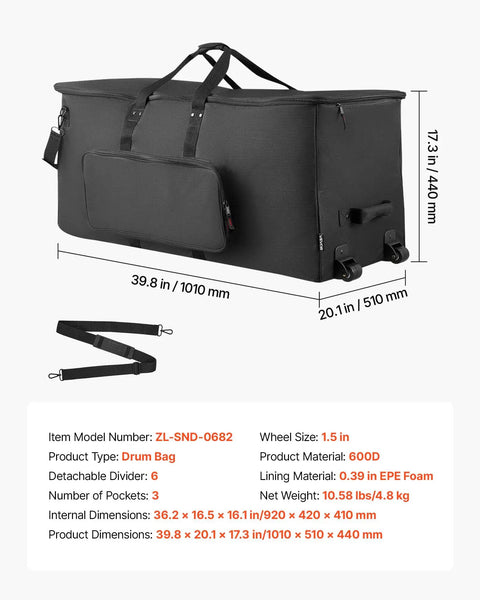 No Sweat Electronic Drum Roller Case With Thick Cushioning And Easy Rollin Wheels, Large Travel Softcase in black with detachable strap.