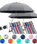 Kick Back In Comfort With This Solid 2 Pack Clip On Chair Umbrella Featuring Heavy Duty Swivel Clamp For Top Shelf Upf Fifty Plus Sun Shield On Beach Patio Or Golf Carts, showing gray umbrellas on striped chairs.