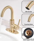 Brushed Gold Single Hole Bathroom Faucet With Pop Up Drain And Deck Plate Modern One Handle Lavatory Sink Tap For Vanity Easy Temperature Control Gold Bar Style with ABS aerator.