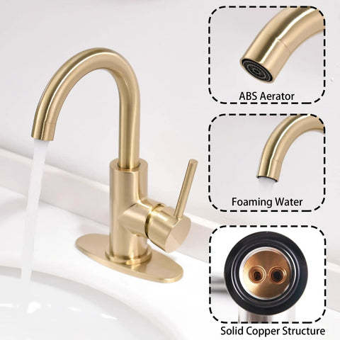 Brushed Gold Single Hole Bathroom Faucet With Pop Up Drain And Deck Plate Modern One Handle Lavatory Sink Tap For Vanity Easy Temperature Control Gold Bar Style with ABS aerator.